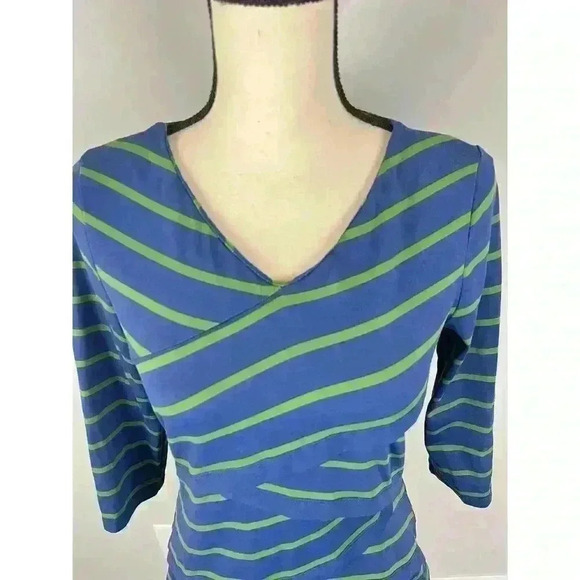 J. Mclaughlin Catalina Cloth 3/4 Sleeve Blouse Spandex Blue Green Striped Size S - Picture 2 of 14